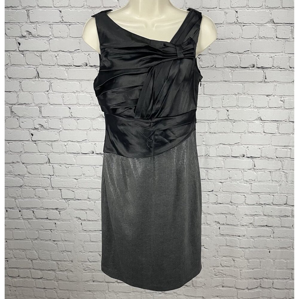 Suzi Chin Maggy Boutique Black Grey Pleated Satin Houndstooth Zip Dress USA  4